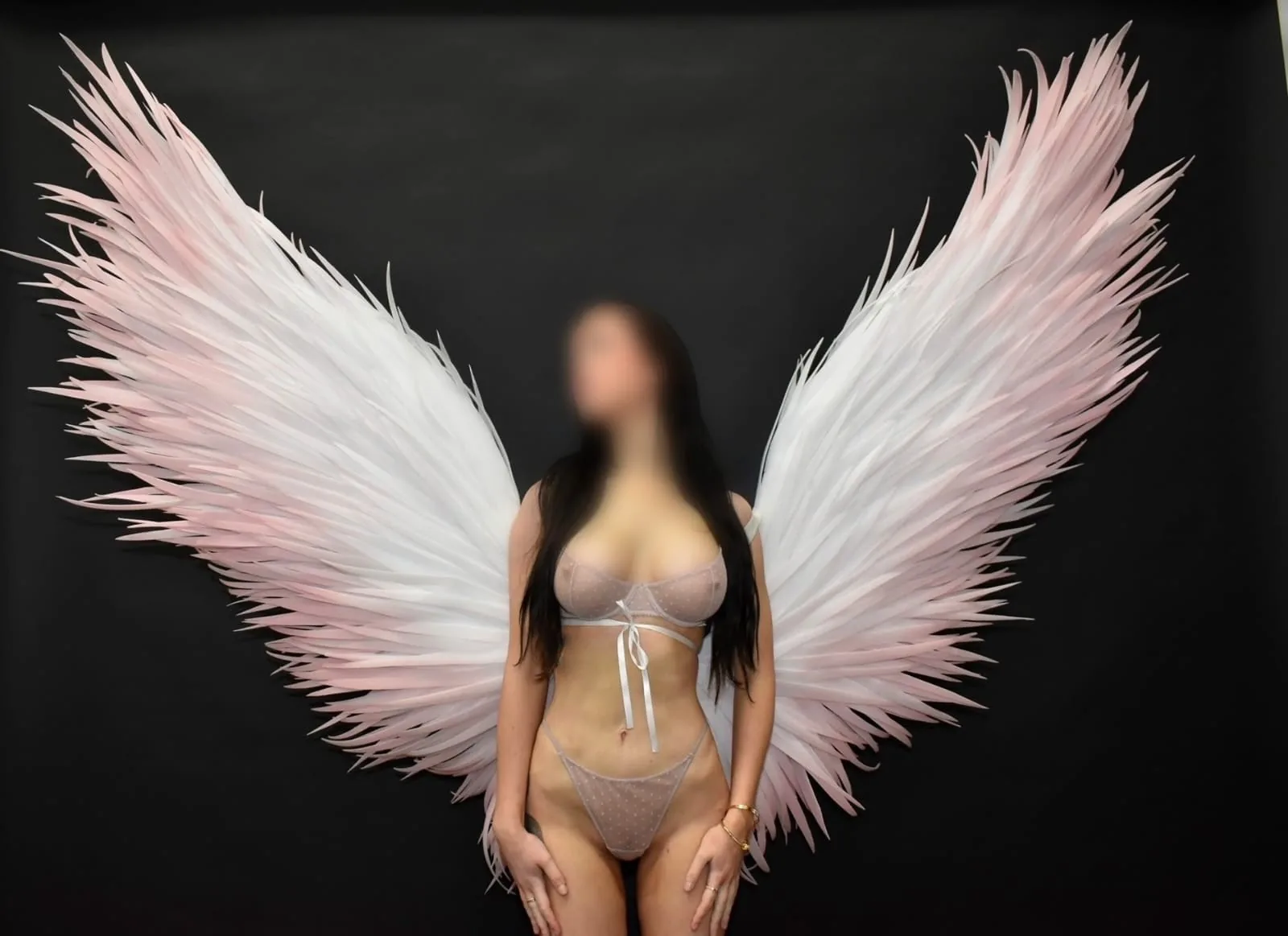 A Butterfly Babes companion wearing large feathered wings against a dark backdrop